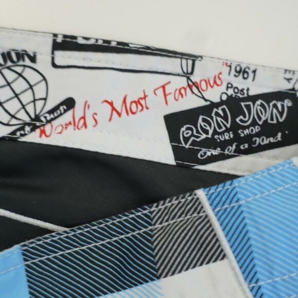 Ron Jon Cargo Pocket White Black Teal Green Patchwork Swim Trunks 38 / 9 High Ri - Picture 8 of 8